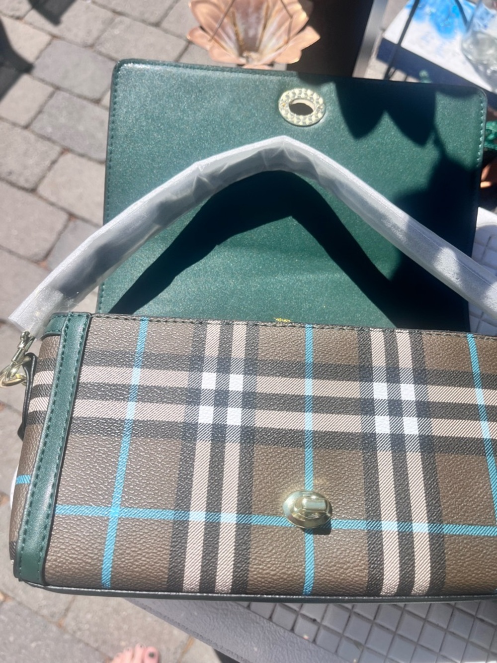 Burberry style  Green and Brown Plaid Crossbody with Logo Strap - Picture 10 of 11